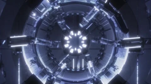 Rotating sci-fi vault door with glowing circular core Stock Footage 346780505