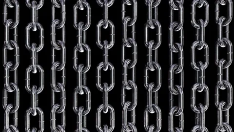 Rotating scratched vertical steel chains looping 3D animation with alpha Stock Footage 159654249