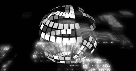 Rotating segmented globe with rectangular tiles in black void, showing binary イラスト素材