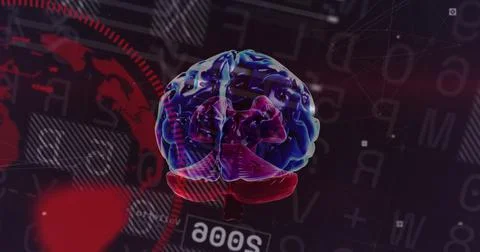 Rotating semi-transparent 3D brain model in digital network interface, with Ilustração Stock