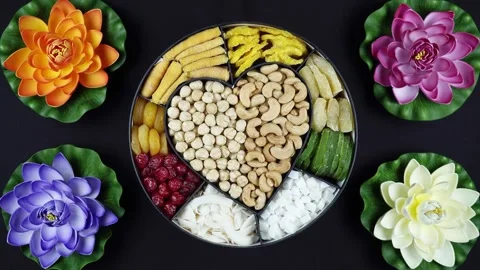 Rotating Set With Nuts And Dried Fruits In A Big Round Box With A Heart On.   Stock Footage 241420216