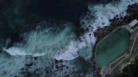 Rotating shot aerial perspective of th pool of Bronte Beach in Australia Stock Footage 85088791