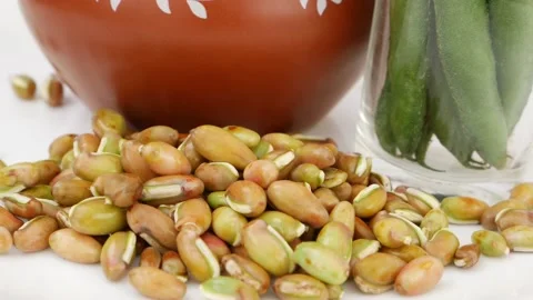 Rotating shot of mud and transparent glass filled with green beans Vídeo Stock 159639381