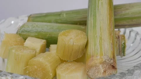 Rotating shot of ripe raw sugarcane pieces in a glass bowl Clip 库存影片 148220067