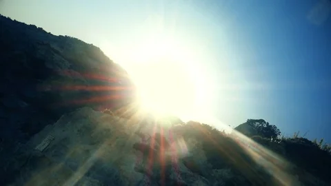 Rotating shot of the sunset behind the cliff on an Island Video stock 80208803