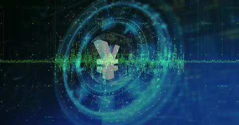 Rotating silver 3D yen yuan symbol in trading dashboard, with HUD rings green Stock Illustration