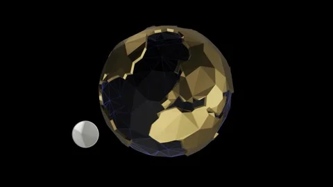 A rotating silver coin moving around a golden globe with black geometric Stock Footage 317955744