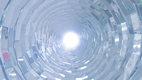 A rotating silver metal chrome shiny tunnel with walls of ribs and lines in.. Stock Illustration