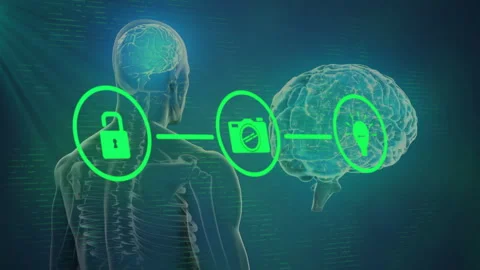 Rotating skeleton showing padlock unlocking, camera morphing into bulb 库存影片 310283233