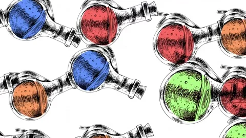 Rotating sketch of bottles on a blue screen.  Vídeos de archivo 255787358