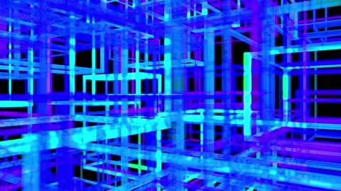 Rotating space of changing crystal cubical shapes in glowing neon colors Stock Footage 156601227
