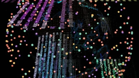 Rotating sphere of colorful dots and programming code animation Stock Footage 312917274