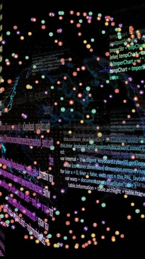 Rotating sphere of colorful dots and programming code animation Stock Footage 320093933