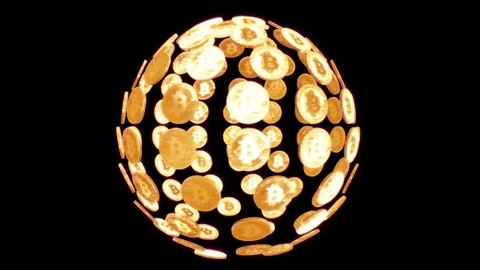 Rotating sphere of golden bitcoin on black background Stock Footage 84822019