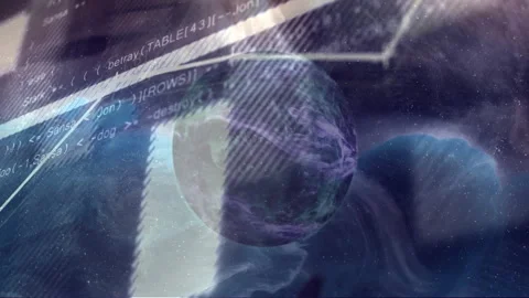 Rotating sphere initiating line graph tracing upward with SQL code fading Stock Footage 311506276