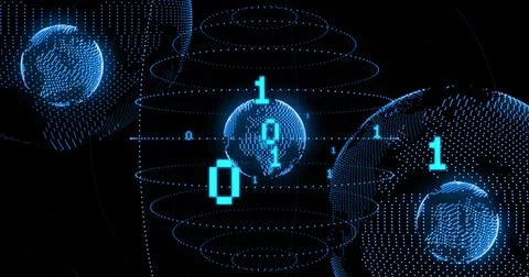 Rotating sphere point-matrices spinning in network space with binary bits 0 and Stockillustratie