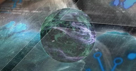 Rotating sphere projecting hex overlay in virtual space, with data panels Foto stock