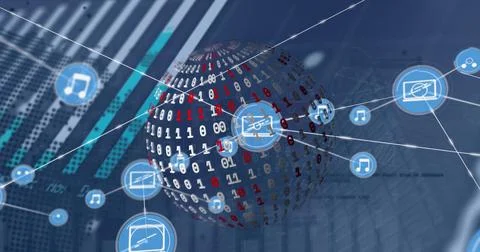 Rotating spherical binary-data globe pulsing in digital space, with blue node Stock Photos