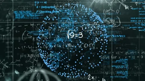 Rotating spherical blue point cloud starting, revealing equations, code and data Stock Footage 332881858