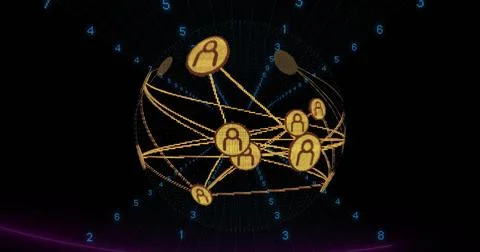 Rotating spherical mesh rendering network in dark linking gold avatar hubs blue Stock Illustration