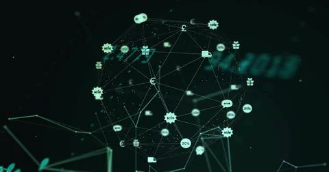 Rotating spherical network displaying glowing node markers with euro, percent, Stock Photos