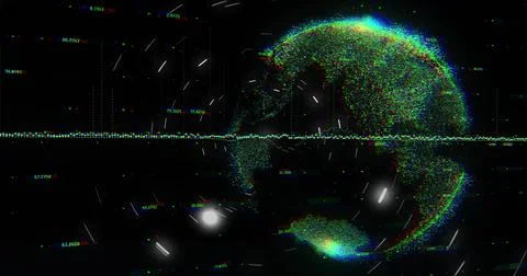 Rotating spherical RGB pointcloud globe pulsing on black void, showing waveform Stock Illustration