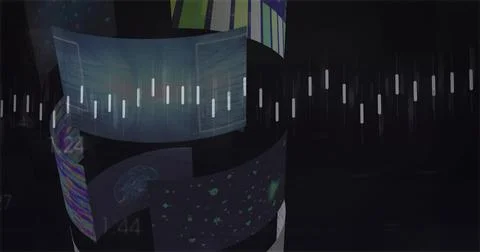 Rotating spiral column displaying translucent curved panels in virtual studio, Stock-Illustration