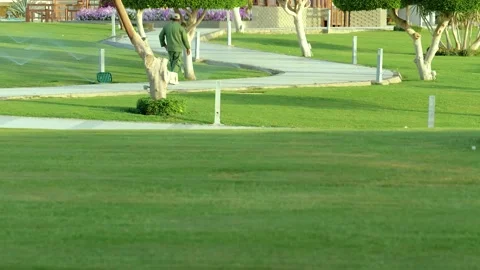 Rotating sprinkler over lawn irrigation device Stock Footage 156032004