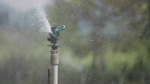 Rotating sprinkler spraying water over a green agricultural field with blurred p Stock-Footage 341111555