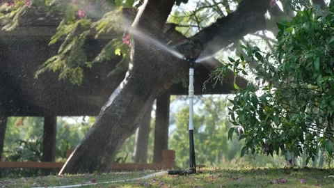 A rotating sprinkler sprays water creating a mist-like effect in a park. Stock Footage 295253100