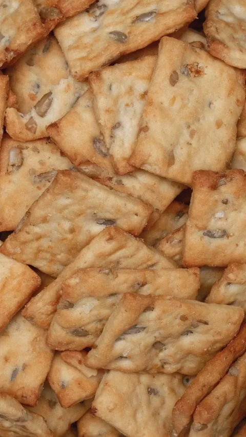 Rotating Square Cracker Biscuit With Vegetable Flavored And Crumbs In White Plat Vídeos de archivo 266459151