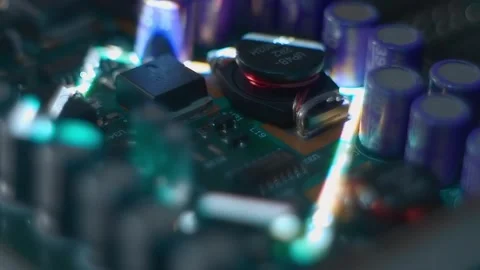 Rotating square grows from the printed circuit board with electronic components Stock Footage 313231197