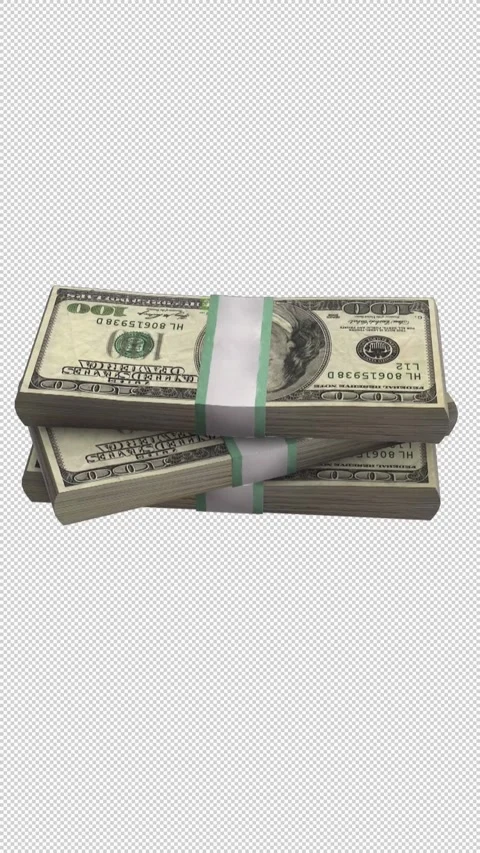 Rotating Stack of $100 Bills in Close-Up 3D Animation Vertical Alpha Stock Footage 297483981