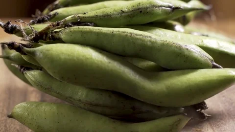Rotating stack of freshly picked Fava beans in pods. Stock Footage 81013977