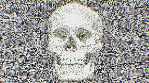 Rotating Stipple Effect Skull on Colorful Static Background Scanlines with .. Stock Footage 311792973