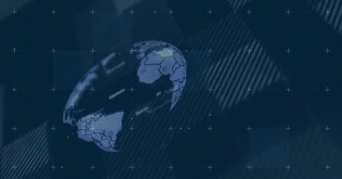 Rotating stylish globe showing hex overlay and map labels in broadcast UI, Stock Illustration