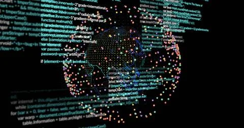 Rotating stylized 3D globe glowing on dark screen, displaying code, colored data 스톡 일러스트