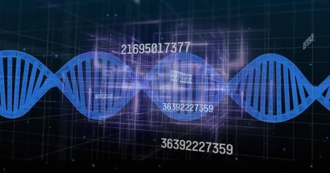 Rotating stylized blue DNA helix spanning virtual 3D genomics interface, showing Stock Illustration