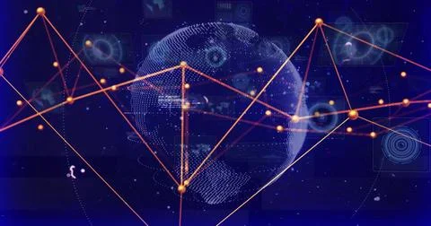 Rotating stylized blue dotted globe pulsing in virtual interface, with orange Illustrazione stock