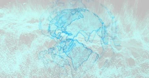 Rotating stylized blue globe showing contour lines and particle streams in ab Stock Illustration