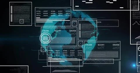 Rotating stylized cyan 3D globe displaying floating HUD panels over dark void, Illustrazione stock