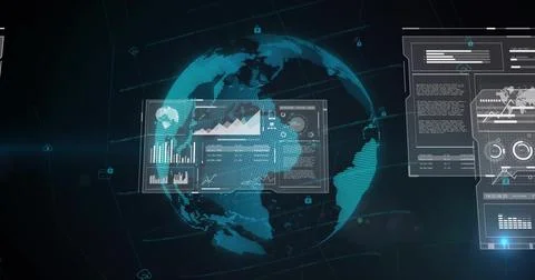 Rotating stylized cyan globe projecting HUD panels at virtual dashboard, showing Stockillustratie
