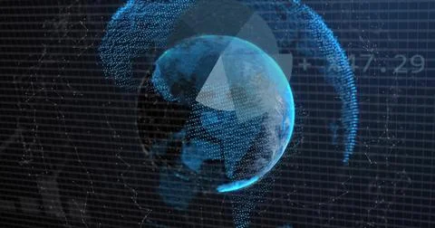 Rotating stylized digital Earth globe showing triangular overlay, particle arcs, Stock Illustration
