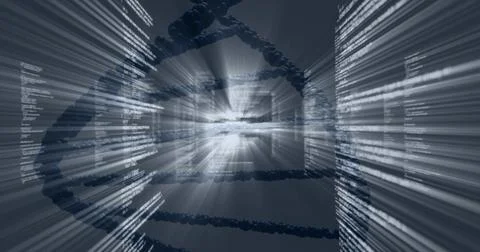 Rotating stylized DNA double helix through virtual data tunnel, with code Illustrazione stock
