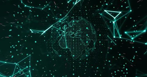 Rotating stylized dotted globe orbiting center-left in virtual 3D space, with Illustrazione stock