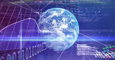 Rotating stylized Earth globe hovering at digital interface, with binary code, Foto stock