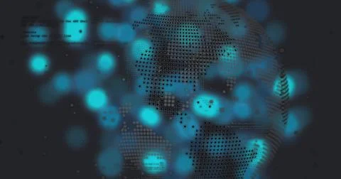 Rotating stylized globe forming from halftone dots with glowing cyan bokeh nodes イラスト素材