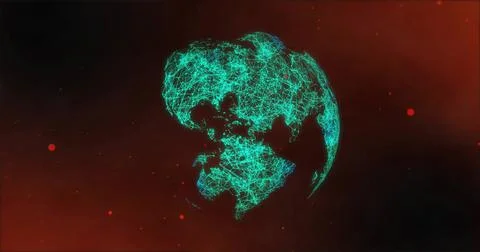Rotating stylized globe forming teal lines in dark red space, showing glowing Foto stock