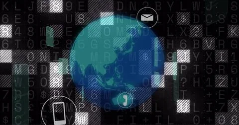 Rotating stylized globe hovering in virtual interface, showing mail phone gauge, Ilustração Stock