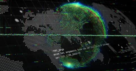 Rotating stylized globe pulsing in virtual data HUD, with halftone map, Stock Illustration